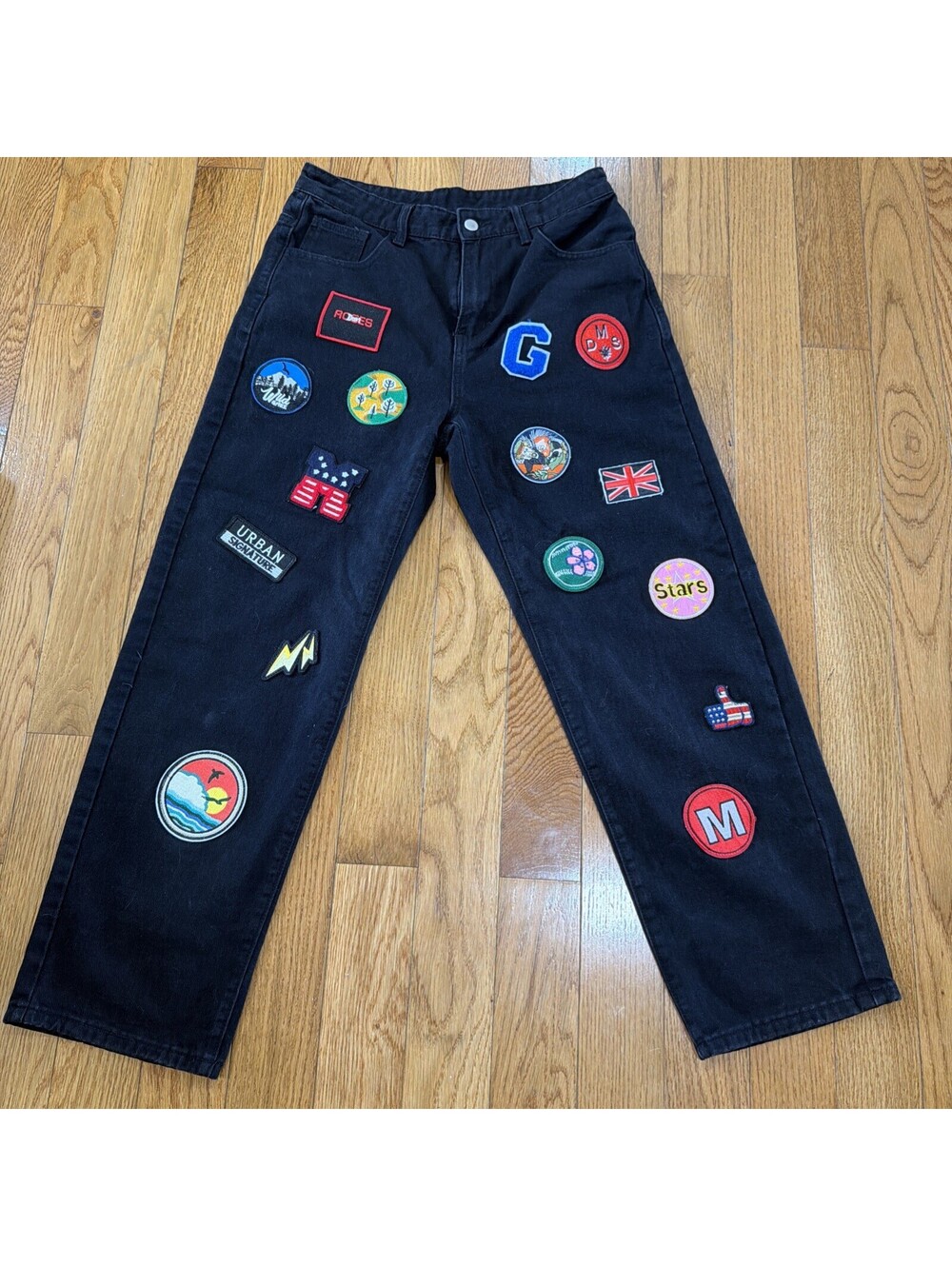 Size M Custom Patchwork Black Jeans Straight Leg Y2K Streetwear Festival Pants - Picture 4 of 5